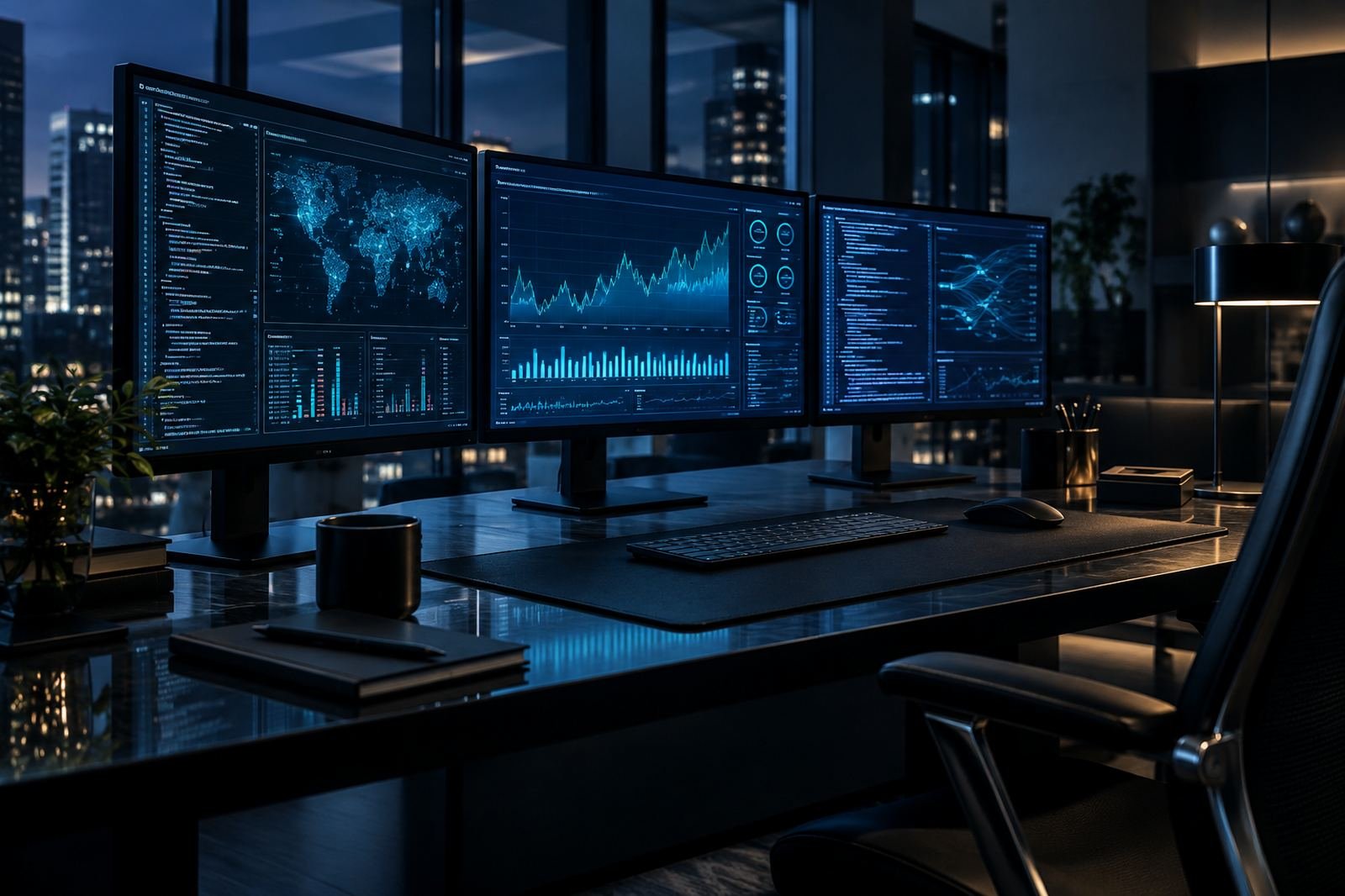 Analytics dashboards on screens in a modern office